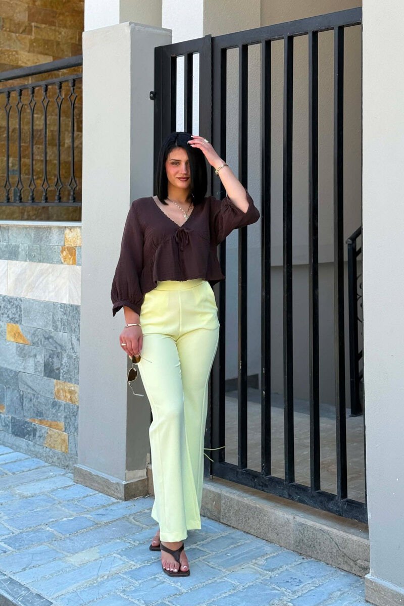 ONE COLOR SEMI ELASTIC WAIST WOMAN TROUSERS YELLOW/E VERDHE - 1