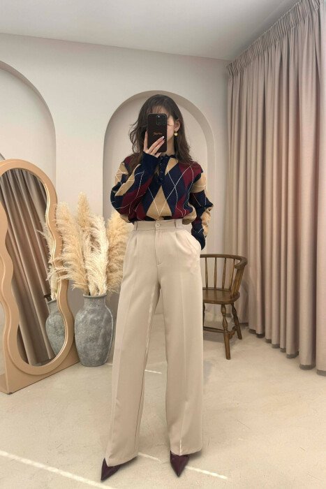 ONE COLOR SEMI ELASTIC WAIST WOMEN TROUSERS BEIGE/BEZHE - KLAUDIO FASHION