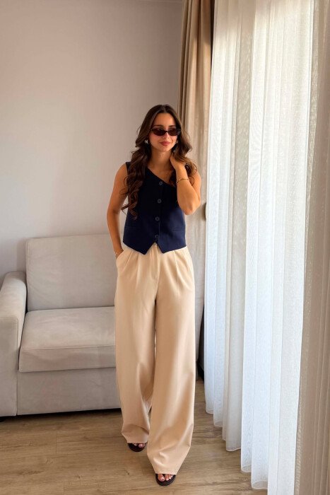 ONE COLOR SEMI ELASTIC WAIST WOMEN TROUSERS BEIGE/BEZHE 