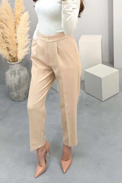 ONE COLOR SEMI ELASTIC WAIST WOMEN TROUSERS BEIGE/BEZHE 