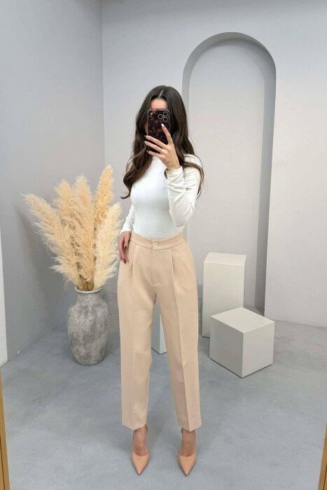 ONE COLOR SEMI ELASTIC WAIST WOMEN TROUSERS BEIGE/BEZHE - 2