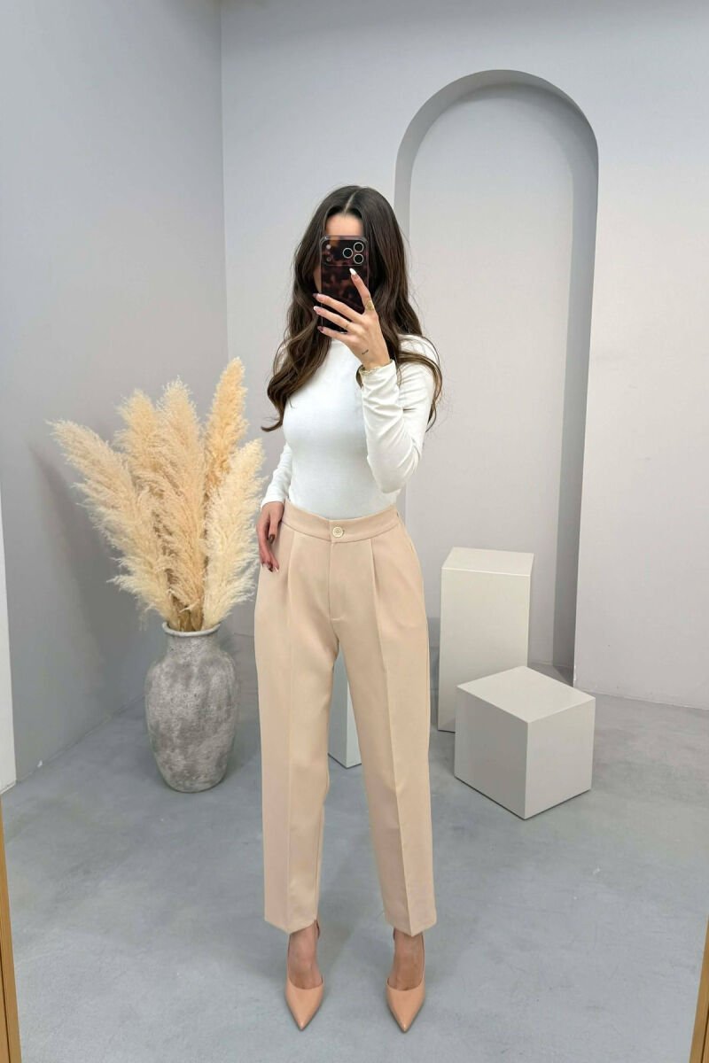 ONE COLOR SEMI ELASTIC WAIST WOMEN TROUSERS BEIGE/BEZHE - 2