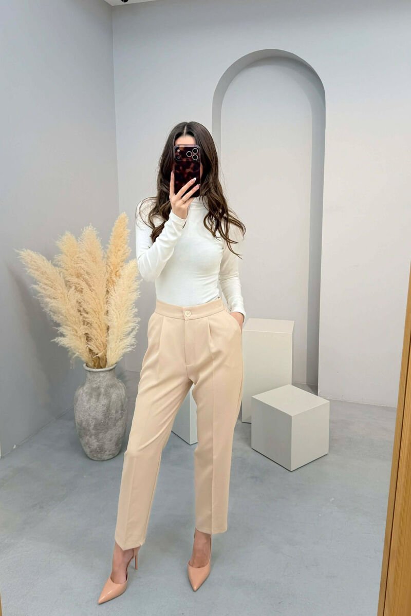 ONE COLOR SEMI ELASTIC WAIST WOMEN TROUSERS BEIGE/BEZHE - 3