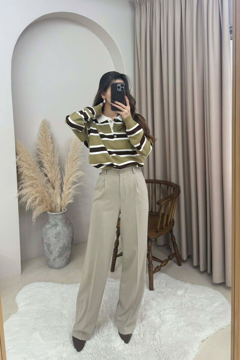 ONE COLOR SEMI ELASTIC WAIST WOMEN TROUSERS BEIGE/BEZHE - 3