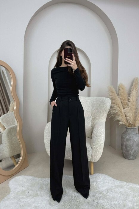 ONE COLOR SEMI ELASTIC WAIST WOMEN TROUSERS BLACK/ E ZEZE - 2