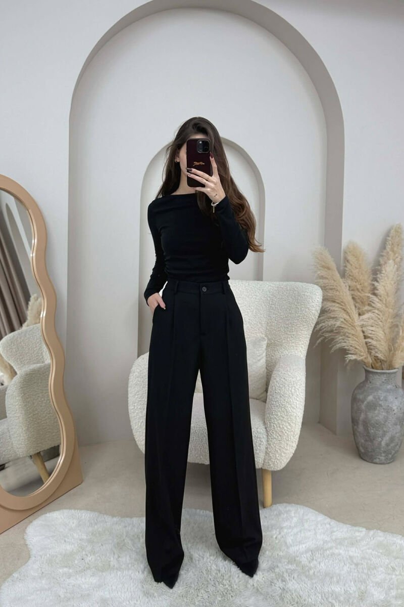 ONE COLOR SEMI ELASTIC WAIST WOMEN TROUSERS BLACK/ E ZEZE - 2