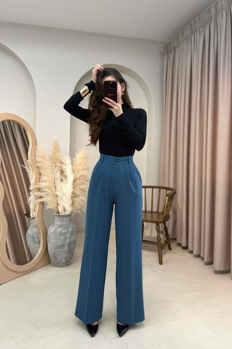 ONE COLOR SEMI ELASTIC WAIST WOMEN TROUSERS BLUE STONE/GK - KLAUDIO FASHION
