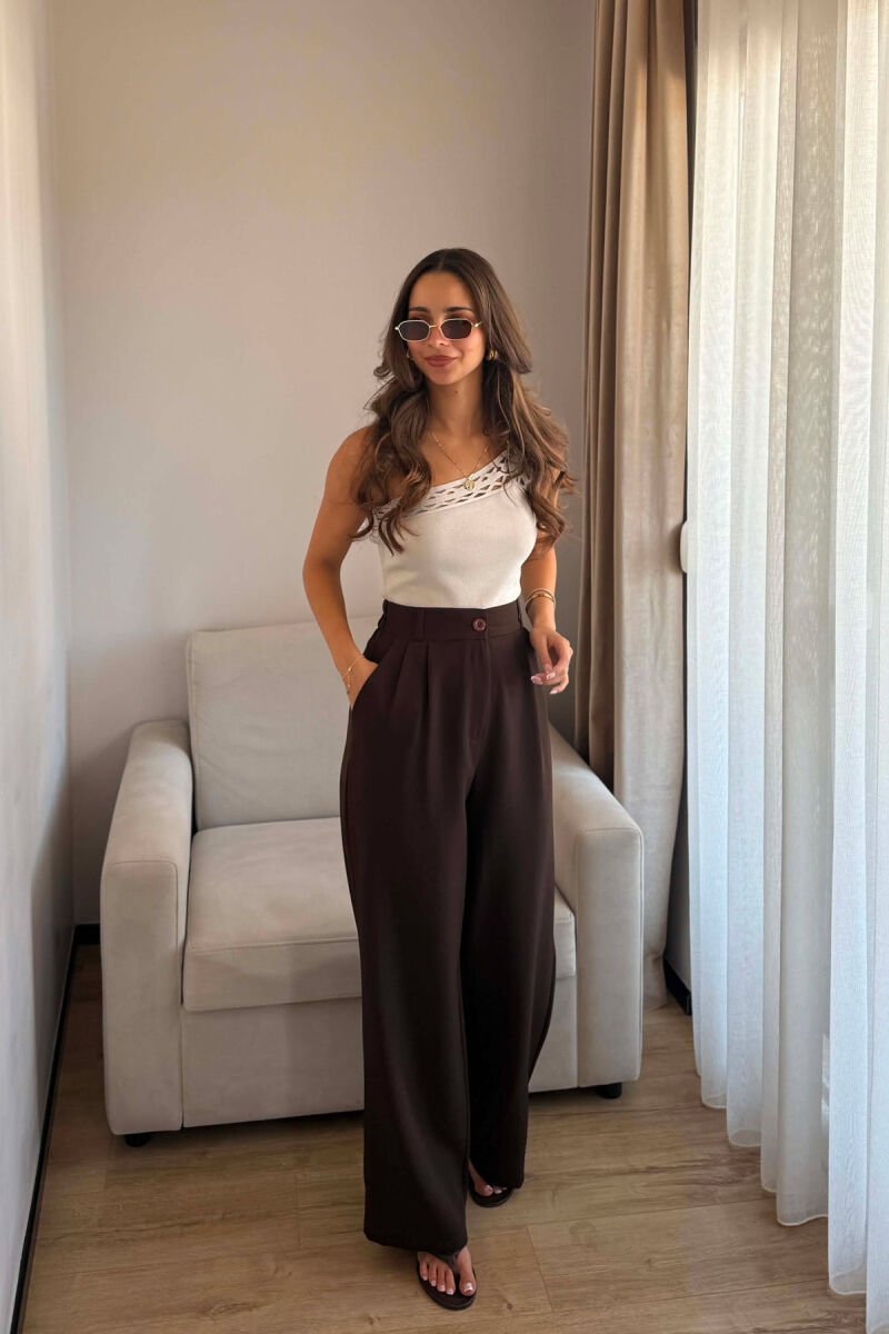 ONE COLOR SEMI ELASTIC WAIST WOMEN TROUSERS BROWN/KAFE - 2