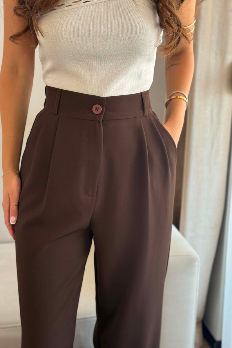 ONE COLOR SEMI ELASTIC WAIST WOMEN TROUSERS BROWN/KAFE - 3