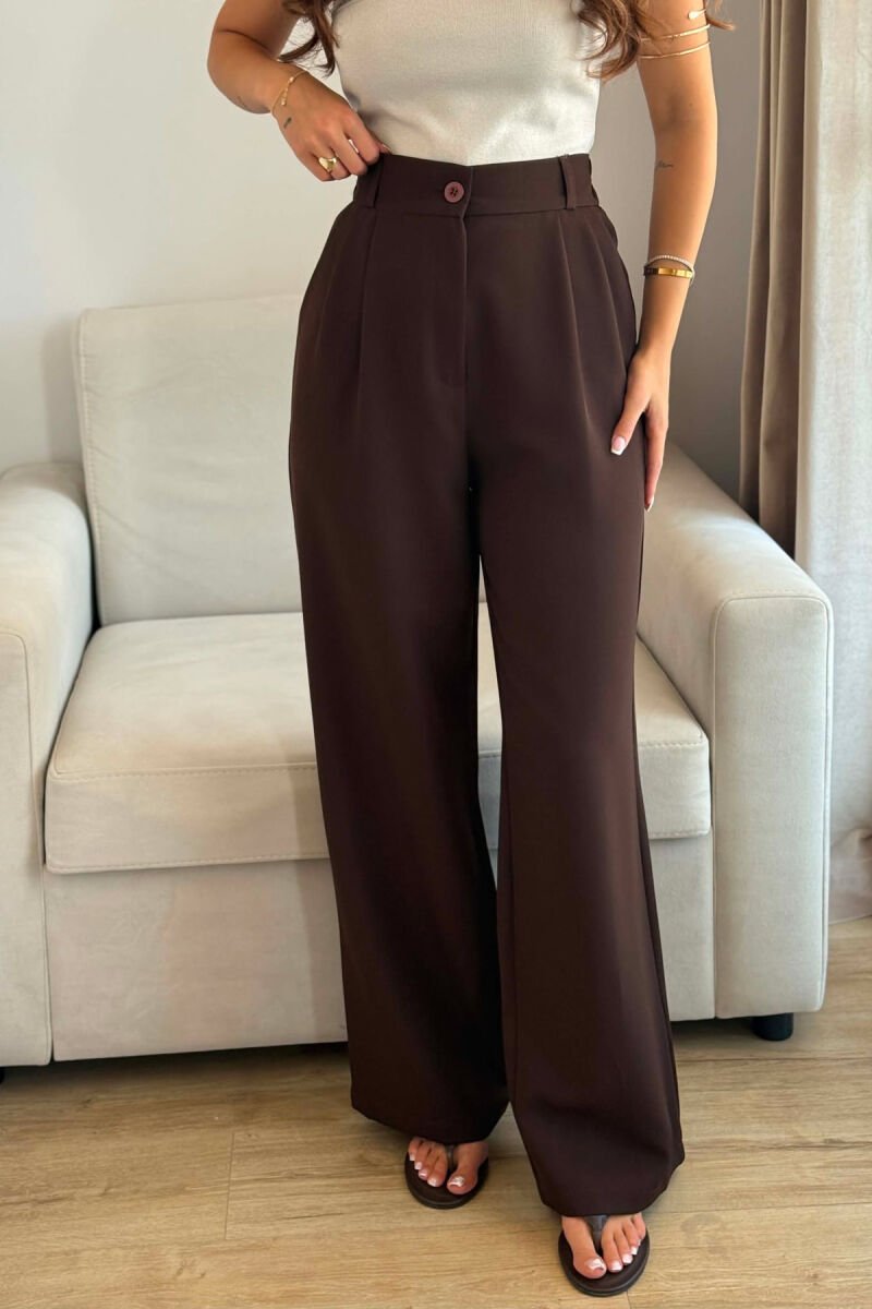 ONE COLOR SEMI ELASTIC WAIST WOMEN TROUSERS BROWN/KAFE - 4