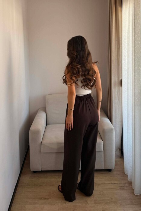 ONE COLOR SEMI ELASTIC WAIST WOMEN TROUSERS BROWN/KAFE - 5