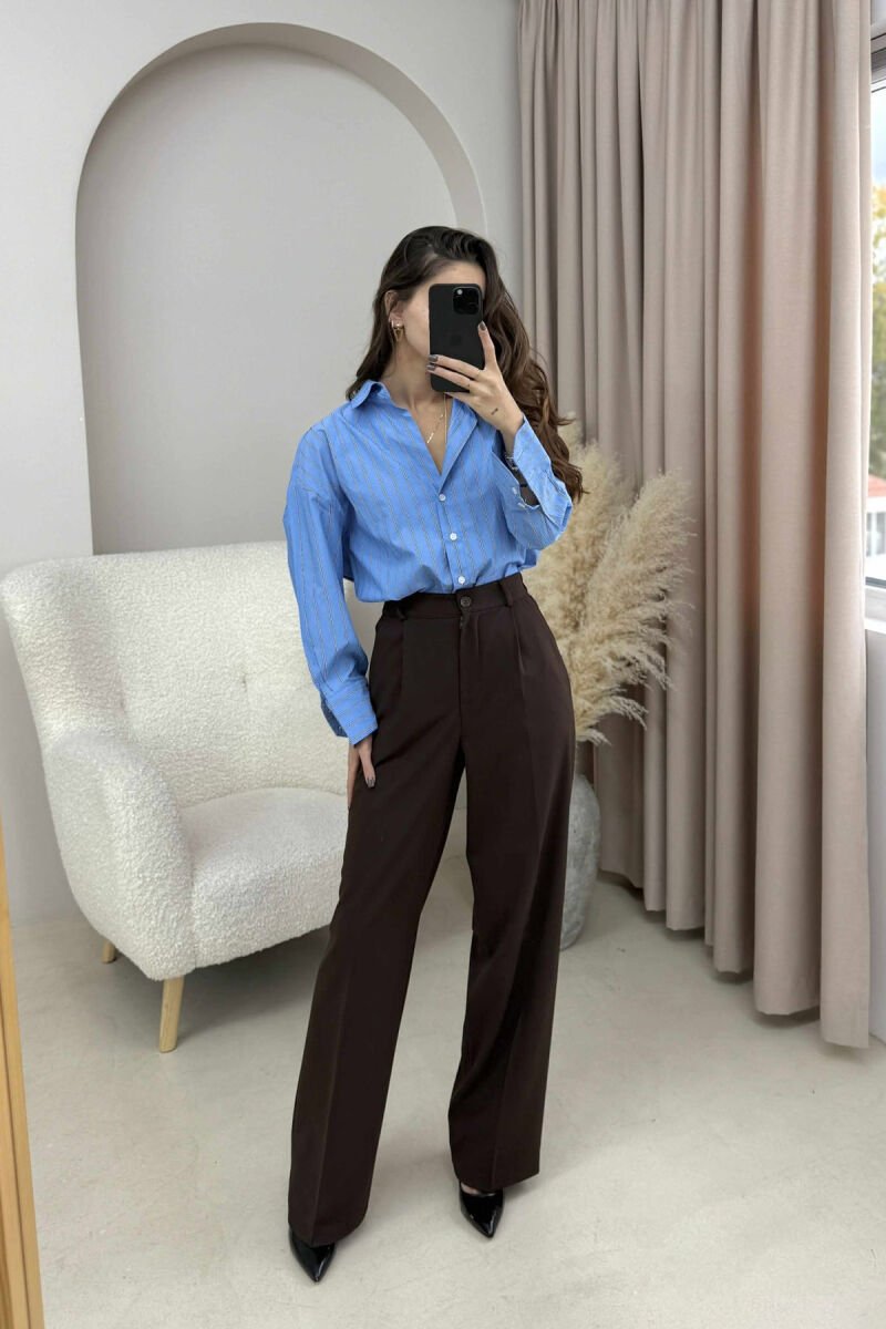 ONE COLOR SEMI ELASTIC WAIST WOMEN TROUSERS BROWN/KAFE - 2