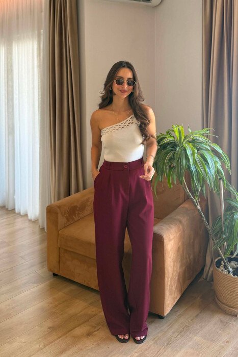 ONE COLOR SEMI ELASTIC WAIST WOMEN TROUSERS BURGUNDY/VISHNJE 