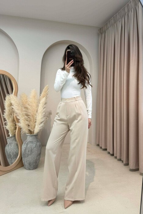 ONE COLOR SEMI ELASTIC WAIST WOMEN TROUSERS CREAM/KREM - 4
