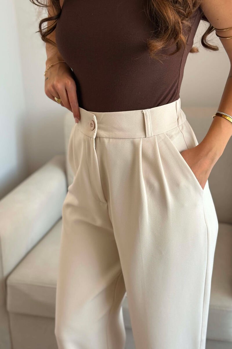 ONE COLOR SEMI ELASTIC WAIST WOMEN TROUSERS CREAM/KREM - 4