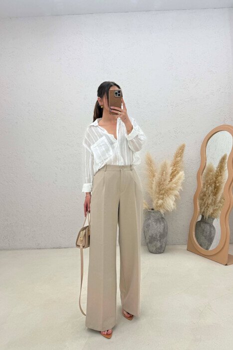 ONE COLOR SEMI ELASTIC WAIST WOMEN TROUSERS DARK BEIGE/BEZHE ERRET 