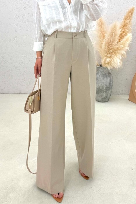 ONE COLOR SEMI ELASTIC WAIST WOMEN TROUSERS DARK BEIGE/BEZHE ERRET - 4