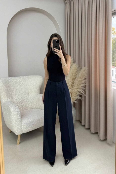 ONE COLOR SEMI ELASTIC WAIST WOMEN TROUSERS DARK BLUE/BEE - 2