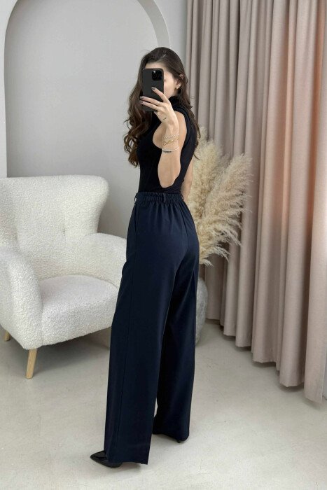 ONE COLOR SEMI ELASTIC WAIST WOMEN TROUSERS DARK BLUE/BEE - 4