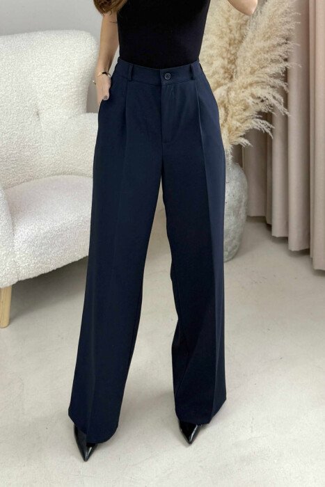 ONE COLOR SEMI ELASTIC WAIST WOMEN TROUSERS DARK BLUE/BEE - 1