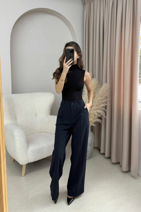 ONE COLOR SEMI ELASTIC WAIST WOMEN TROUSERS DARK BLUE/BEE - 3