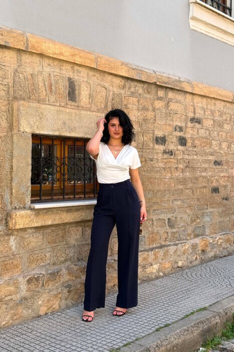 ONE COLOR SEMI ELASTIC WAIST WOMEN TROUSERS DARK BLUE/BEE - 1