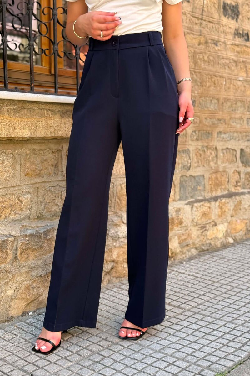ONE COLOR SEMI ELASTIC WAIST WOMEN TROUSERS DARK BLUE/BEE - 4
