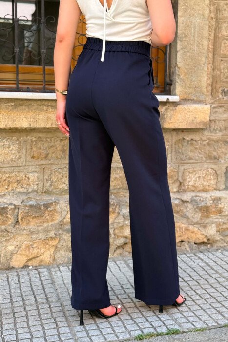 ONE COLOR SEMI ELASTIC WAIST WOMEN TROUSERS DARK BLUE/BEE - 6