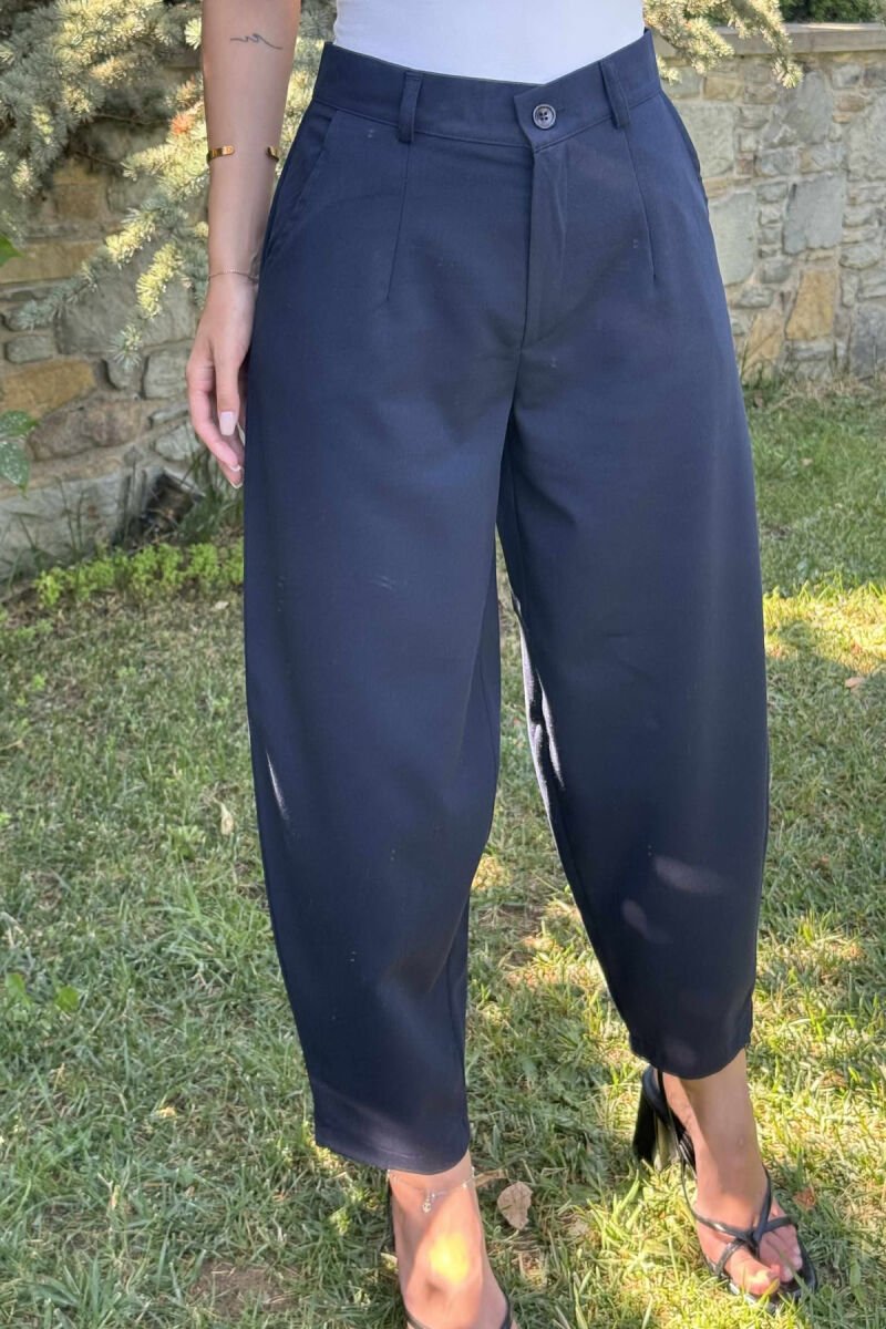 ONE COLOR SEMI ELASTIC WAIST WOMEN TROUSERS DARK BLUE/BEE - 1