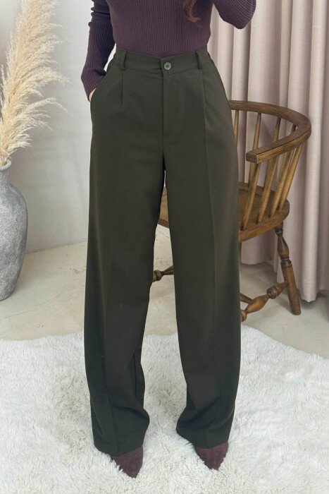 ONE COLOR SEMI ELASTIC WAIST WOMEN TROUSERS DARK GREEN/JEE 