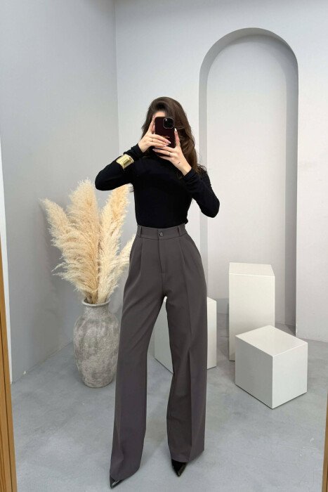 ONE COLOR SEMI ELASTIC WAIST WOMEN TROUSERS DARK GREY/GEE - KLAUDIO FASHION