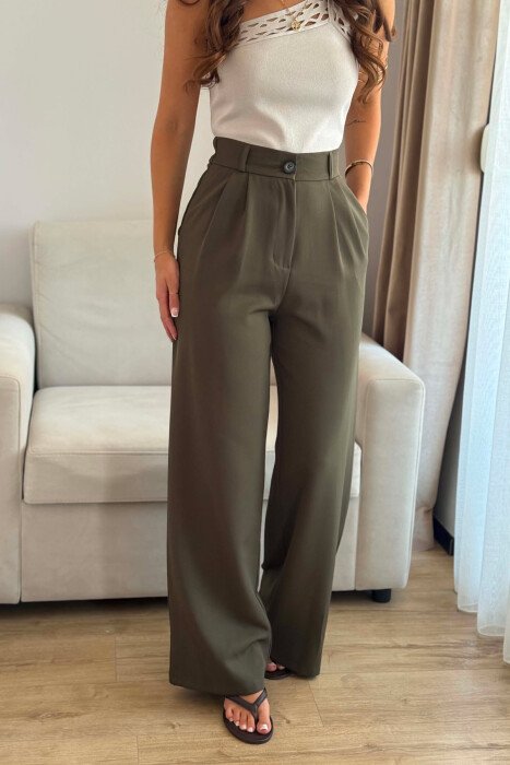 ONE COLOR SEMI ELASTIC WAIST WOMEN TROUSERS GREEN/JESHILE - 4