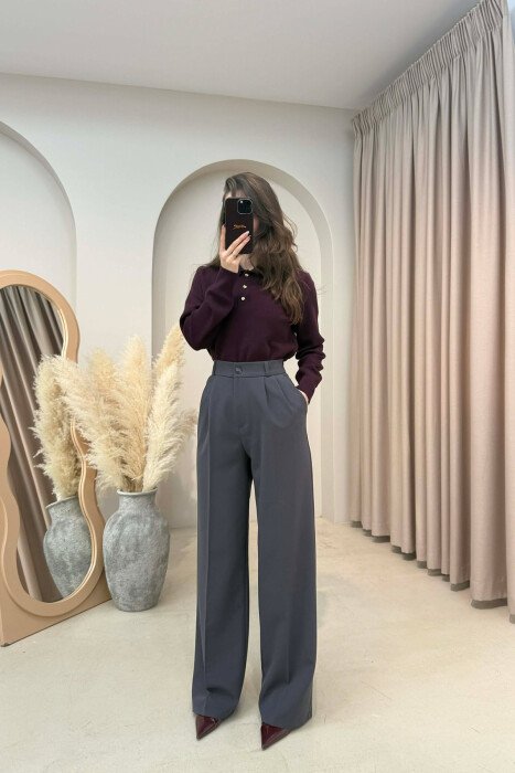 ONE COLOR SEMI ELASTIC WAIST WOMEN TROUSERS GREY-GREY/GG - KLAUDIO FASHION
