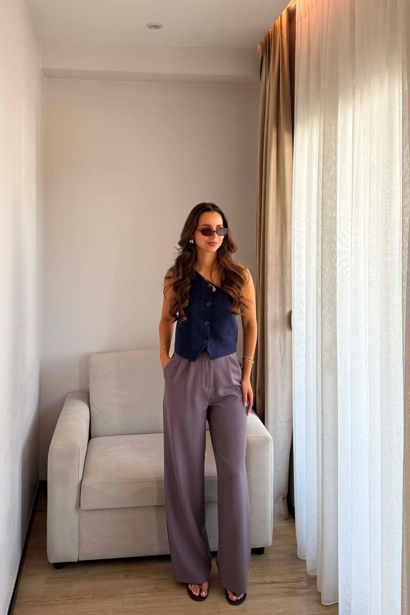 ONE COLOR SEMI ELASTIC WAIST WOMEN TROUSERS GREY-GREY/GG - 3