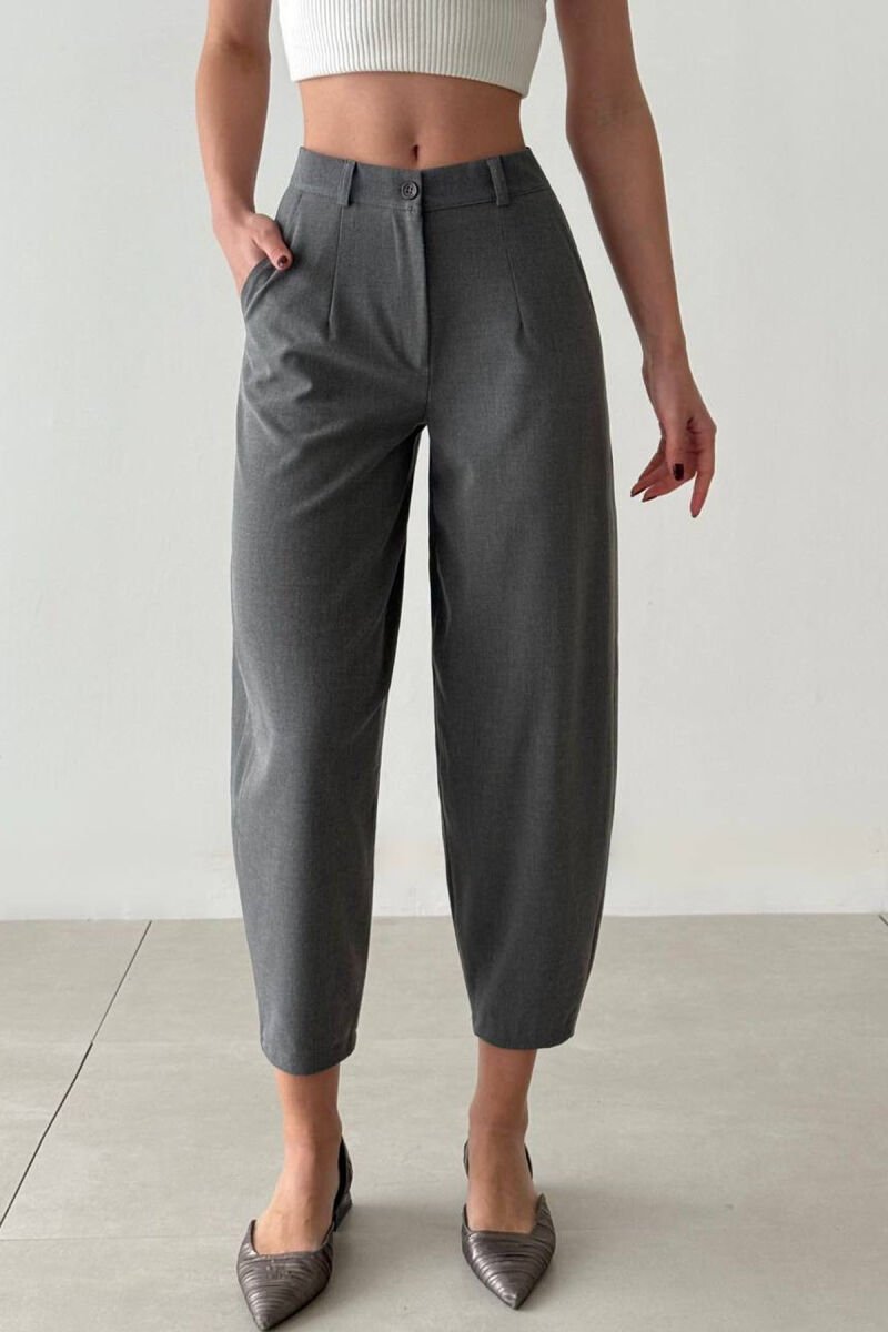 ONE COLOR SEMI ELASTIC WAIST WOMEN TROUSERS GREY/GRI - 6