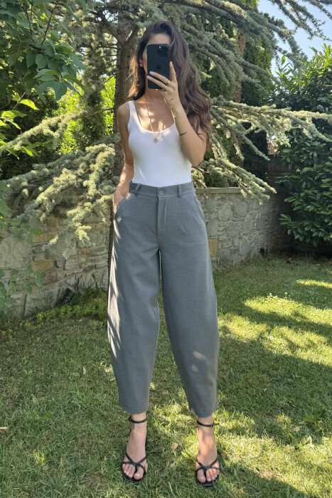 ONE COLOR SEMI ELASTIC WAIST WOMEN TROUSERS GREY/GRI - 2