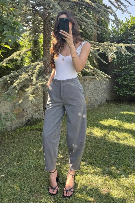 ONE COLOR SEMI ELASTIC WAIST WOMEN TROUSERS GREY/GRI - 3