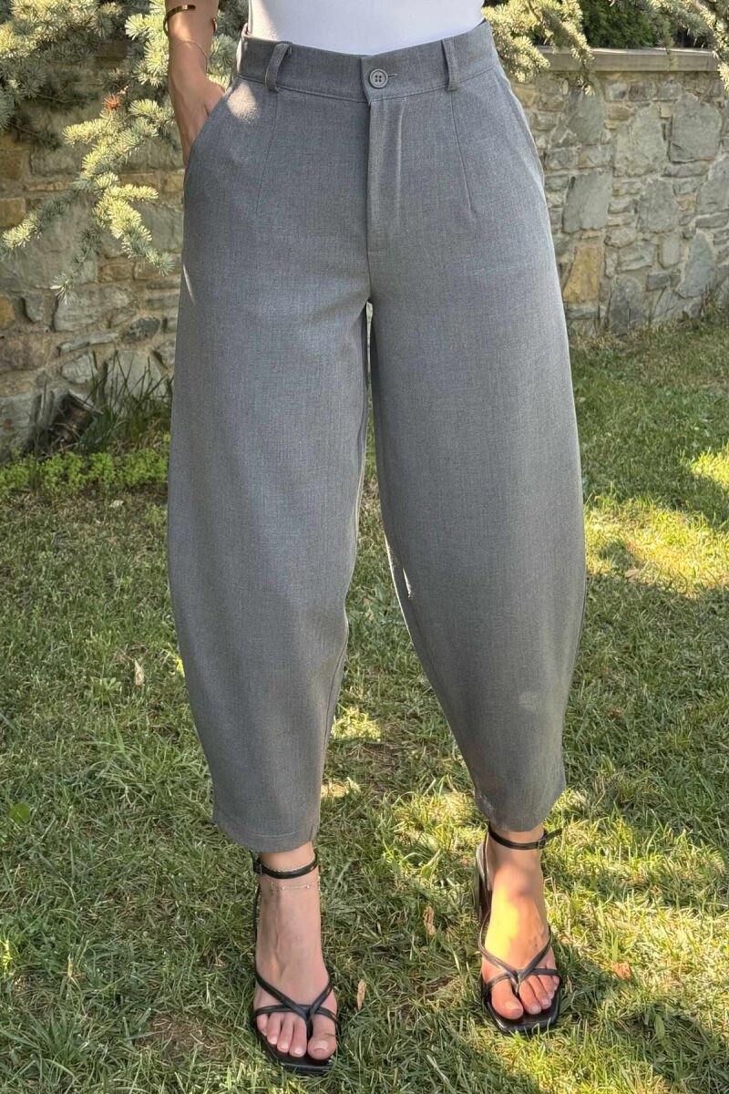 ONE COLOR SEMI ELASTIC WAIST WOMEN TROUSERS GREY/GRI - 1