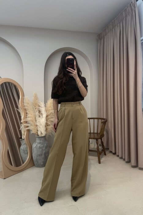 ONE COLOR SEMI ELASTIC WAIST WOMEN TROUSERS KHAKI / KAKI - 2