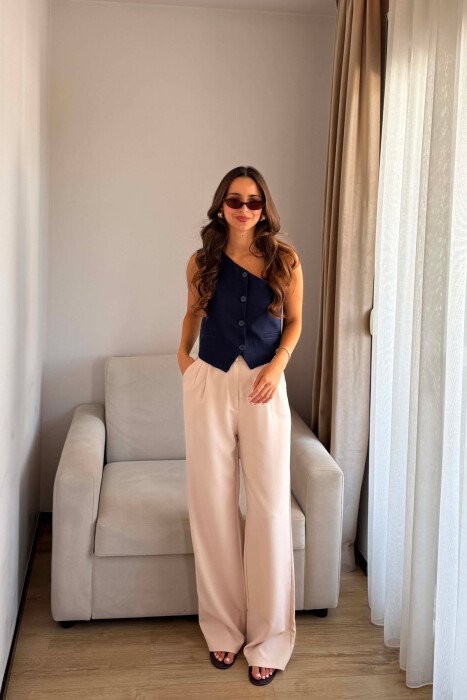 ONE COLOR SEMI ELASTIC WAIST WOMEN TROUSERS LIGHT BEIGE/BZHZB 