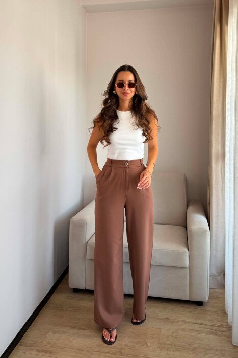 ONE COLOR SEMI ELASTIC WAIST WOMEN TROUSERS LIGHT BROWN/KAZB 