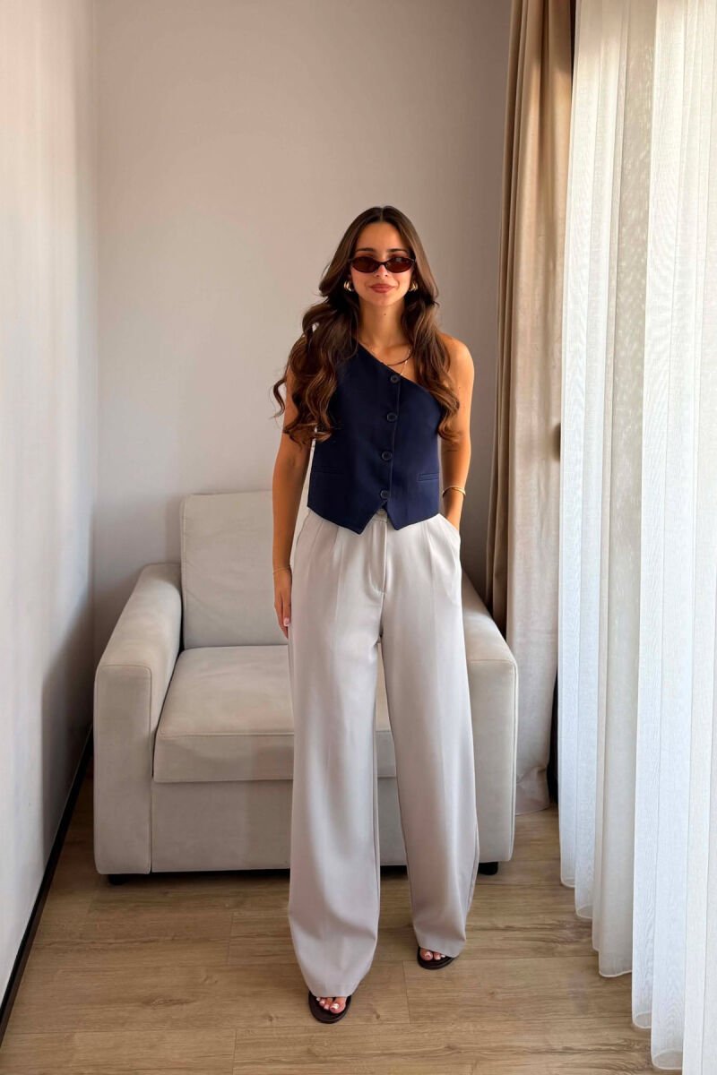 ONE COLOR SEMI ELASTIC WAIST WOMEN TROUSERS LIGHT GREY/GZ - 1