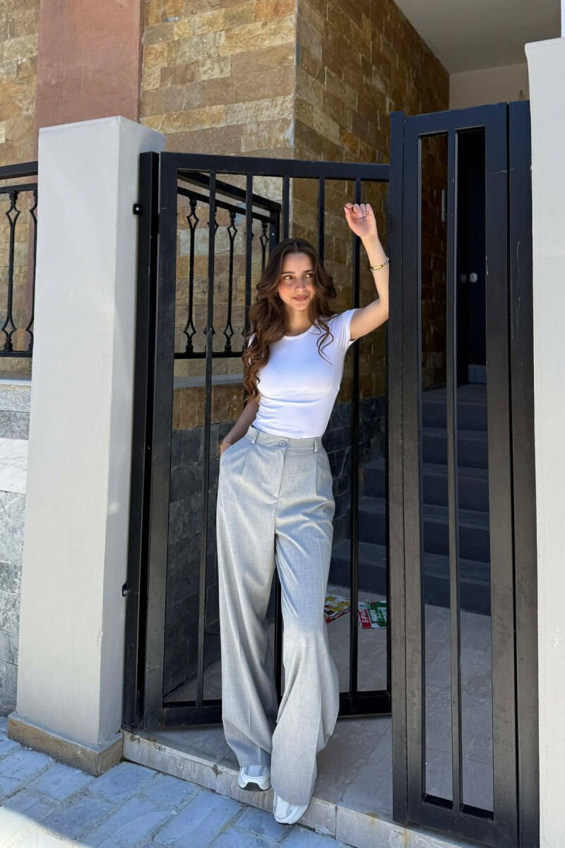 ONE COLOR SEMI ELASTIC WAIST WOMEN TROUSERS LIGHT GREY/GZ - 1