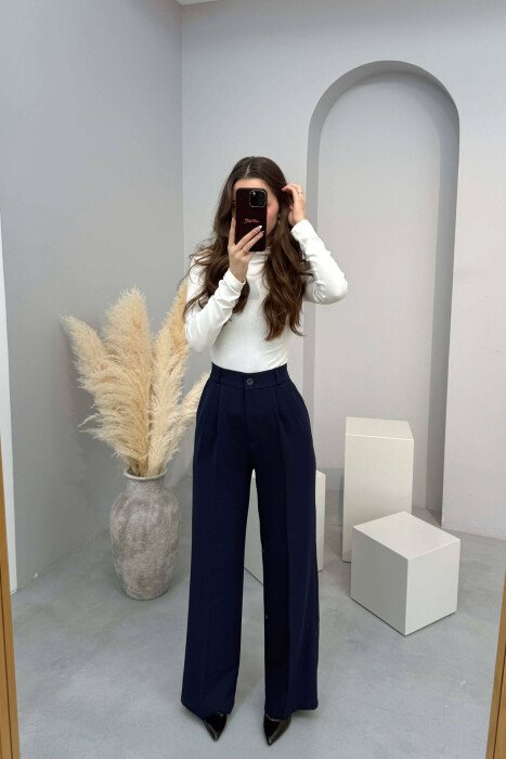 ONE COLOR SEMI ELASTIC WAIST WOMEN TROUSERS MIDNIGHT BLUE/BLU MESNATE - KLAUDIO FASHION