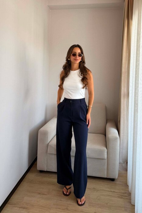 ONE COLOR SEMI ELASTIC WAIST WOMEN TROUSERS MIDNIGHT BLUE/BLU MESNATE - 4