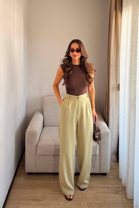 ONE COLOR SEMI ELASTIC WAIST WOMEN TROUSERS MINT/MENTE - 1