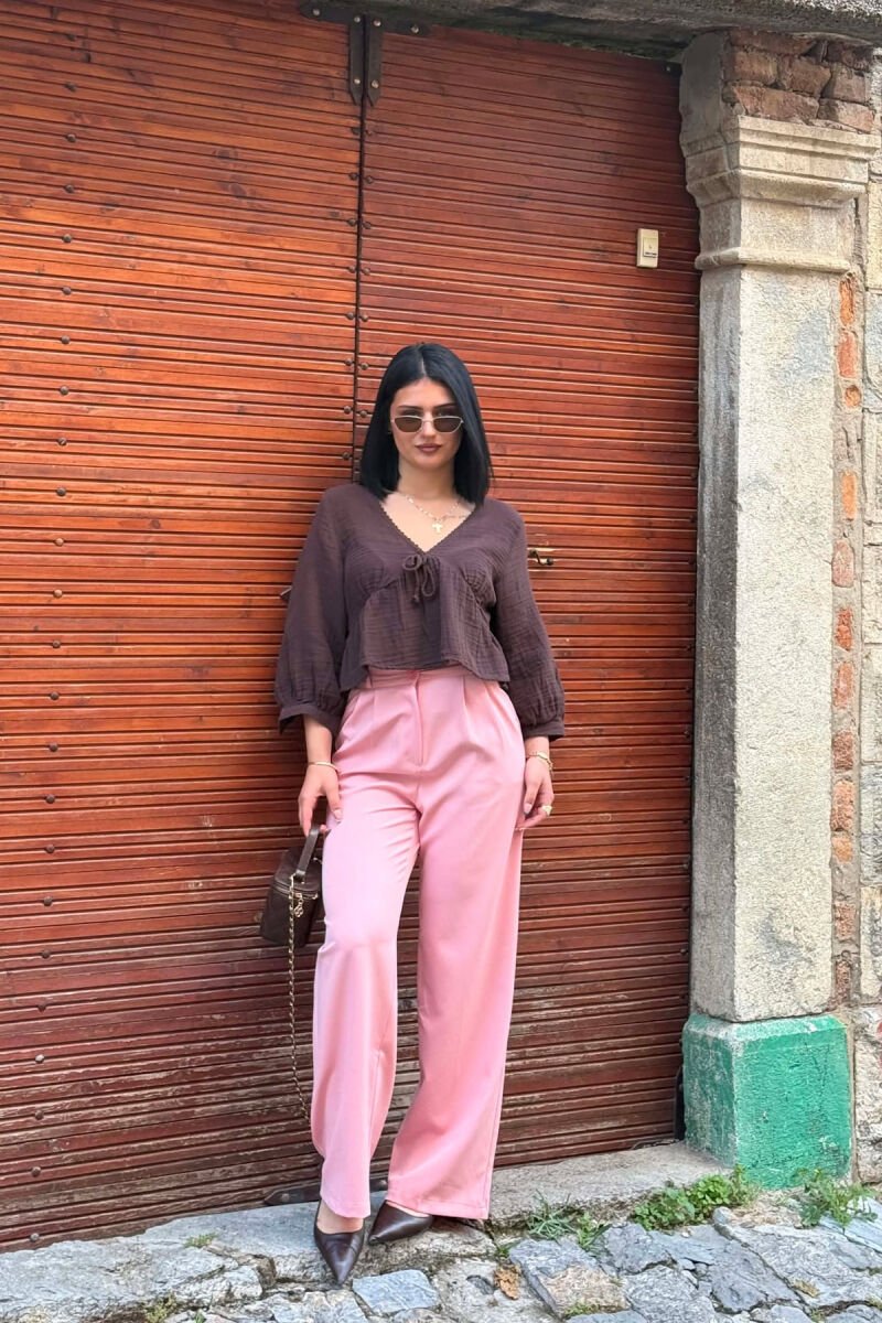 ONE COLOR SEMI ELASTIC WAIST WOMEN TROUSERS POWDER/PUDER - 1