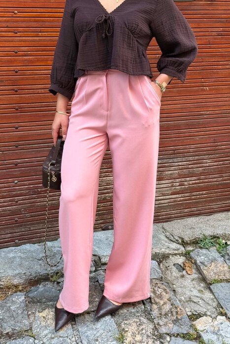 ONE COLOR SEMI ELASTIC WAIST WOMEN TROUSERS POWDER/PUDER - 2