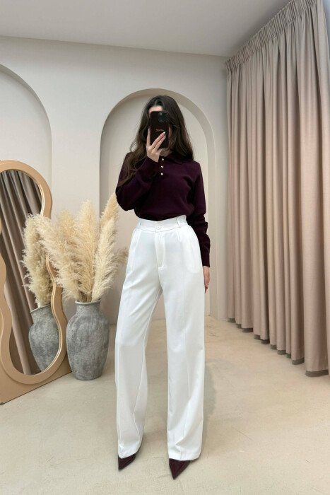 ONE COLOR SEMI ELASTIC WAIST WOMEN TROUSERS WHITE-E BARDHE - KLAUDIO FASHION