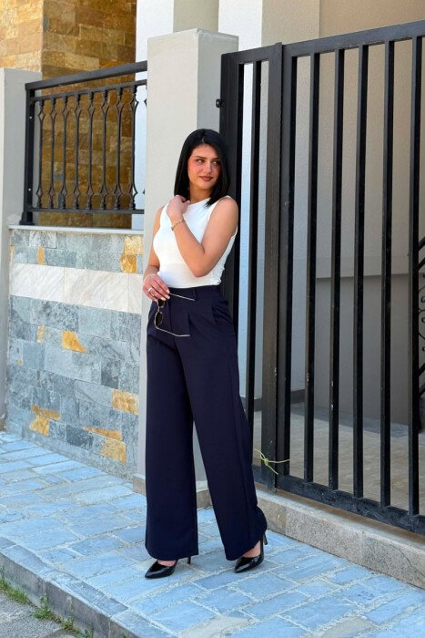 ONE COLOR SEMI ELASTIC WAIST WOMAN TROUSERS DARK BLUE/BEE - 2